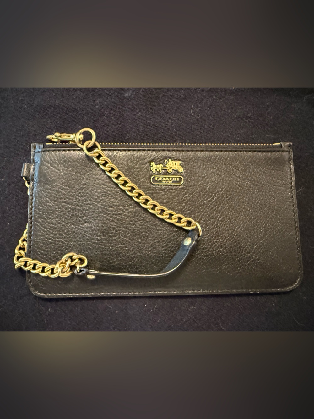 Coach Black Leather Wristlet with Gold Chain Accent